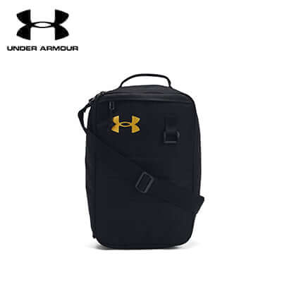 Under Armour Contain Shoe Bag Black with Gold showcasing its durable design and convenient carry options.