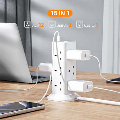 TESSAN Extension Tower 12 Ways with 2 USB-A & 1 USB-C Ports by Corporate Gift Store Singapore