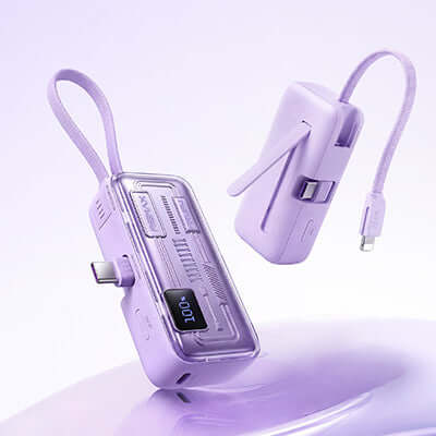Remax FP-108 Mini Powerbank with Cable 5000mAh in purple color with a folding stand and IPH cable lanyard.