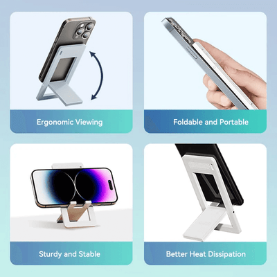 Vention Plastic Portable Phone Stand for Desk showing ergonomic viewing, portability, stability, and heat dissipation features.