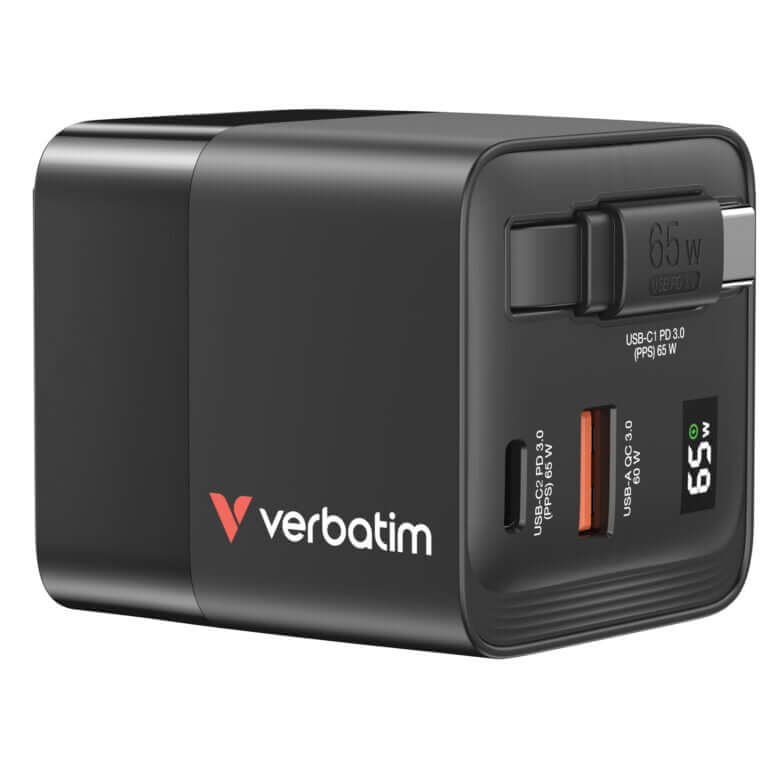 Verbatim 3-Port 65W GaN Charger with Retractable Cable & LED display side view with ports and power display