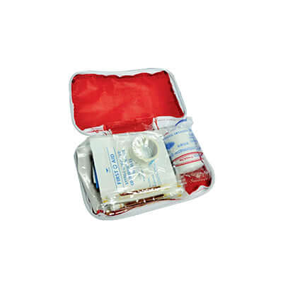 First Aid Kit with Zipper Bag opened to show contents, ideal for corporate gift and emergency preparedness.