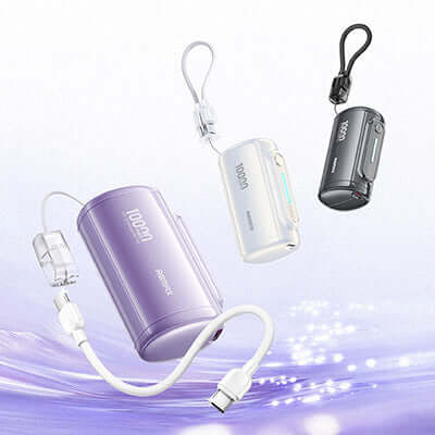 Remax WP-117 Compact Powerbank with Cable Lanyard in various colors with fast charging capabilities.