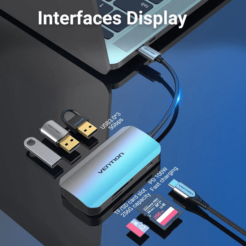 Vention 6-in-1 USB-C Hub connected to a laptop, showcasing USB ports and card reader features.