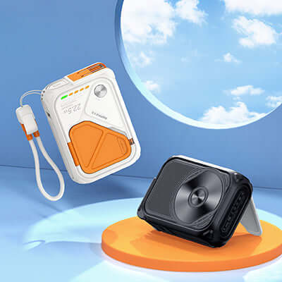 Remax RPP-116 Powerbank with Wall Plug 10000mAh shown in a modern setting with vibrant background.