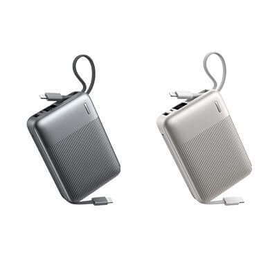 Remax FC-06 Compact Powerbank with Cables 20000mAh in gray and silver colors, designed for portability and efficiency.