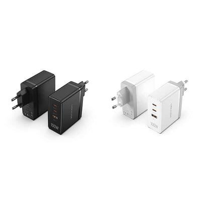 Vention 3-Port USB (C+C+A) GaN Charger 100W in black and white, perfect for charging multiple devices simultaneously.