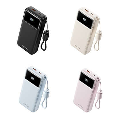 Vention 20000mAh Power Bank with Built-in Cable 22.5W in black, white, blue, and pink.