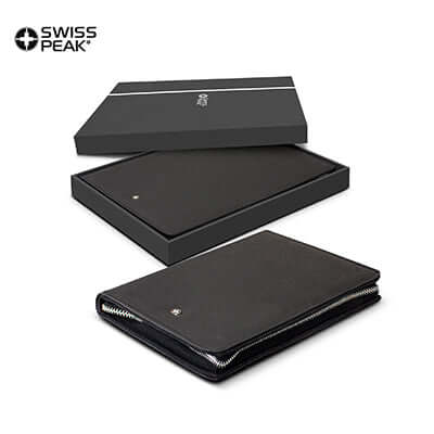 Swiss Peak Heritage A5 Portfolio with Zipper displayed with box, premium design for corporate gift Singapore.