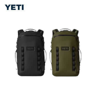 Yeti Cayo™ 35L All-Weather Backpack in black and green, ideal for outdoor adventures and corporate gifts.