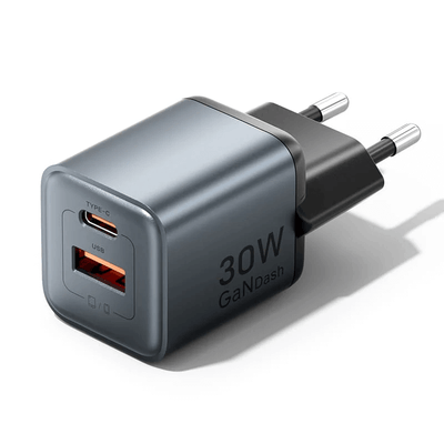 Vention 2-Port USB (C+A) GaN Charger 30W with USB-C and USB-A ports for fast charging.