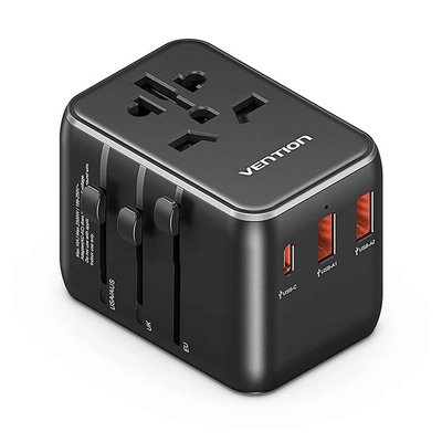 Vention 3-Port USB (C+A+A) Universal Travel Adapter 20W with multiple ports for international charging.