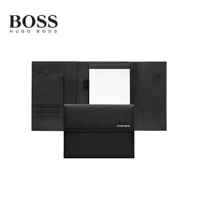 Hugo Boss Folder A5 Pinstripe Black displayed open, showcasing its stylish design and corporate gift appeal.