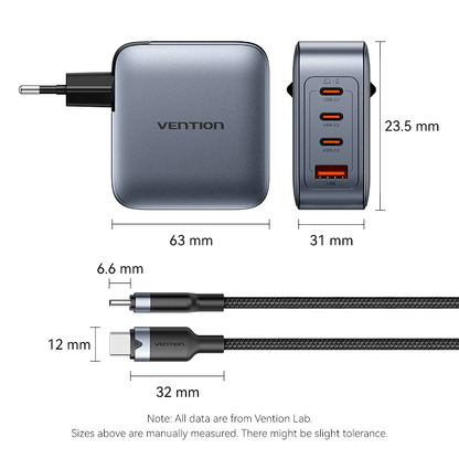 Vention 4-Port USB GaN Charger with Cable (1M) dimensions showcasing charging ports and design.