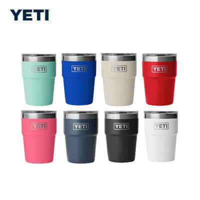 Yeti Rambler® 16 oz Stackable Cup in various colors, perfect for corporate gifts and on-the-go beverages.