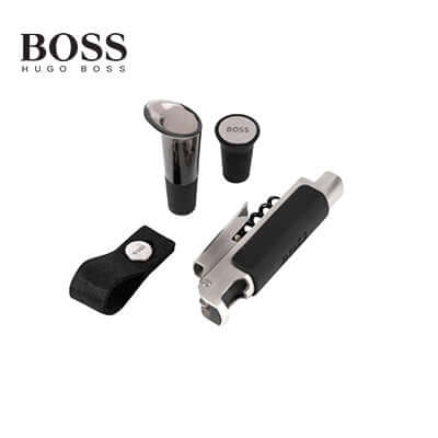 Hugo Boss Wine Set Iconic Black featuring corkscrew, bottle stoppers, and drip ring in elegant design.