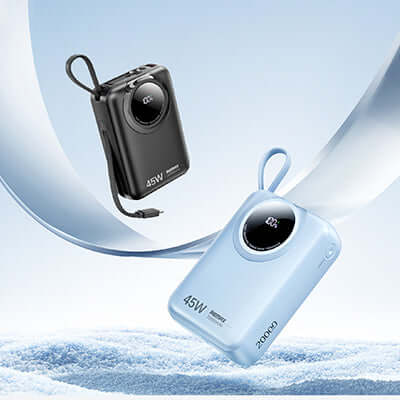 Remax FC-02 45W Fast Charging Powerbank 20000mAh in black and blue.
