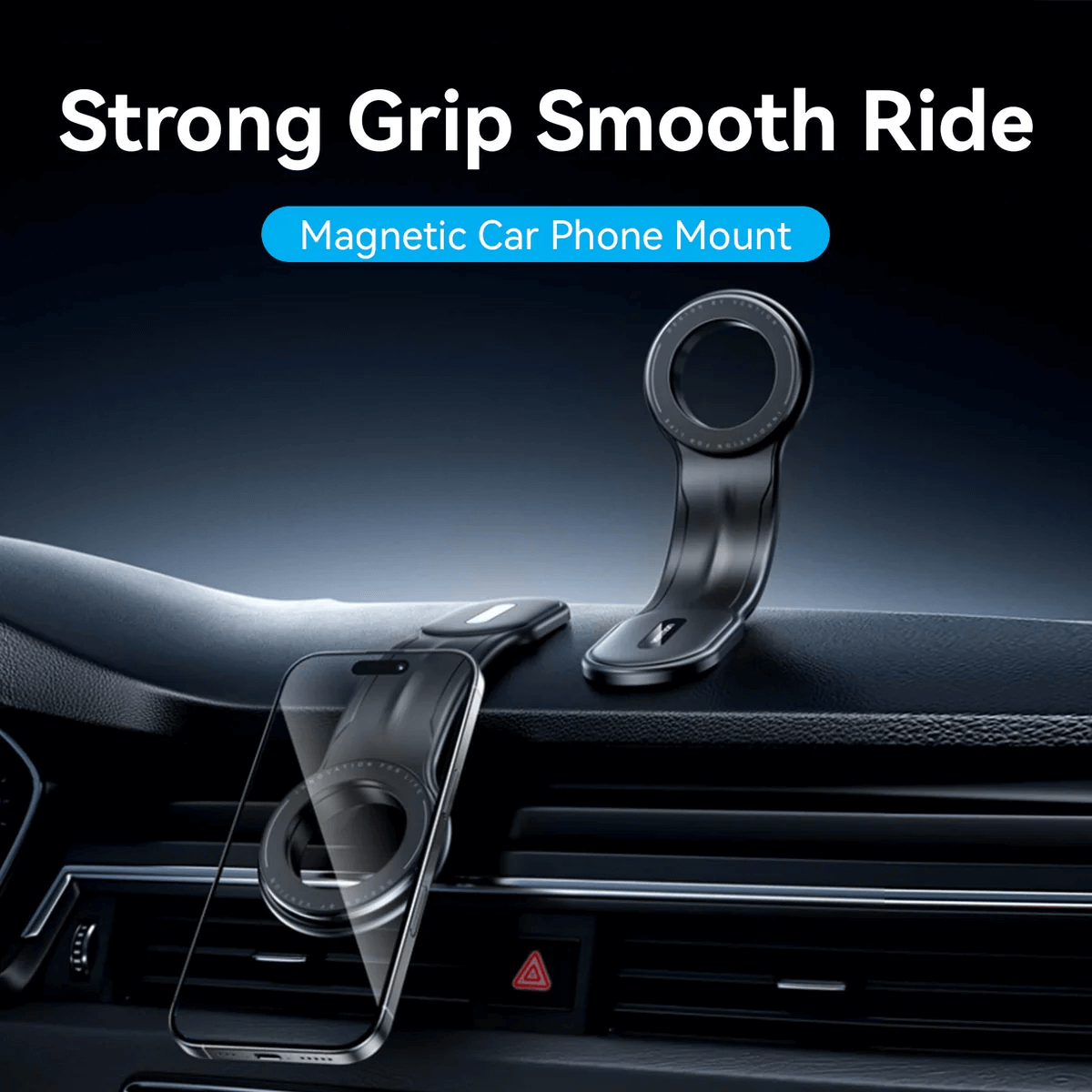 Vention Magnetic Car Phone Mount on car dashboard with phone, showcasing strong grip for safe navigation.
