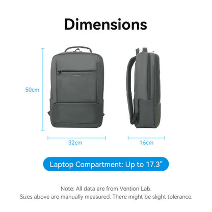 Dimensions of Vention 17.3 Inch Water-Repellent Laptop Backpack showing 50cm height, 32cm width, and 16cm depth.