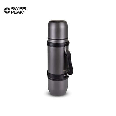 Swiss Peak Duo Cup Vacuum Flask in matte grey finish with carrying strap, ideal for beverages, Corporate Gift Singapore.