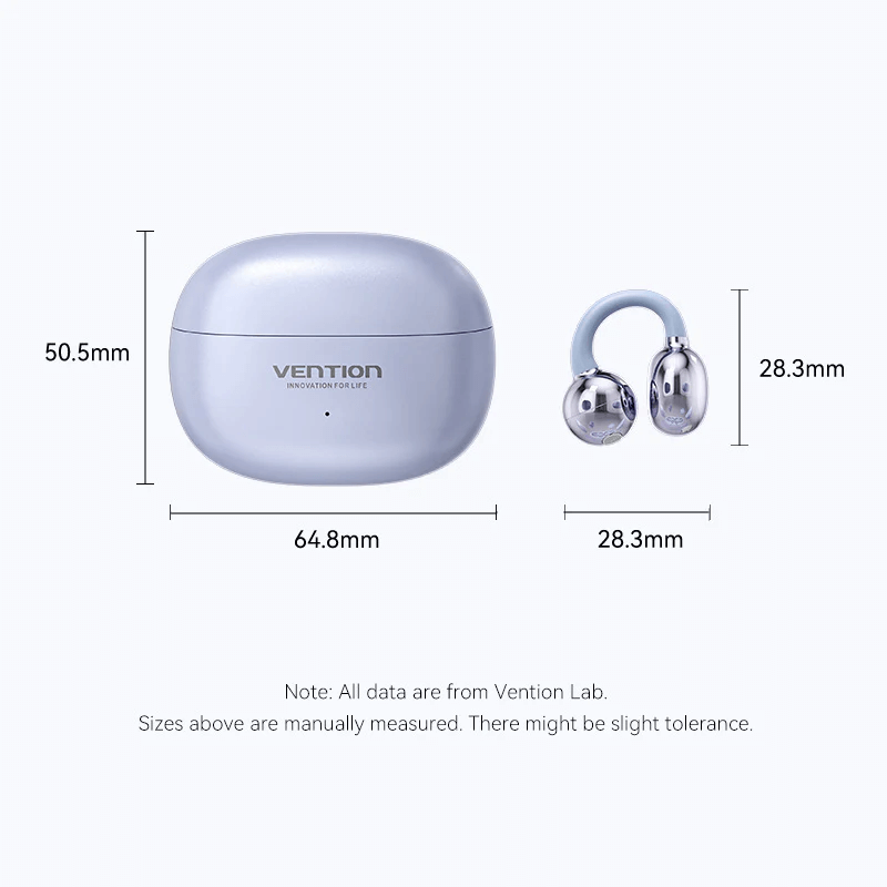 Vention ECHO CLIP A1 Open Ear Headphones displayed with dimensions for perfect fit and comfort.