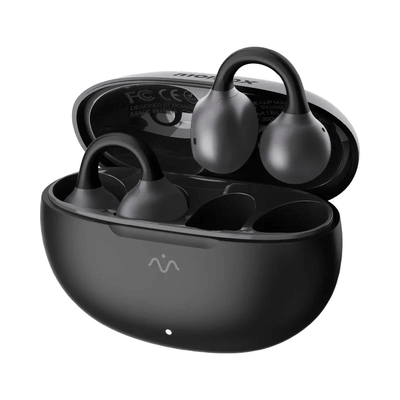 Momax 1-Vibe Clip M.IN.D AI ENC Clip-On Earbuds in charging case, ideal for corporate gift.