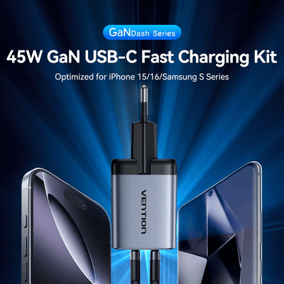 Vention 2-Port GaN Charger 45W with Cable (1M) with USB-C fast charging for iPhone and Samsung devices.