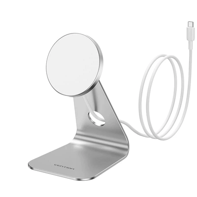 Vention 15W Magnetic Wireless Charger Stand with MagSafe in silver color with USB-C cable.