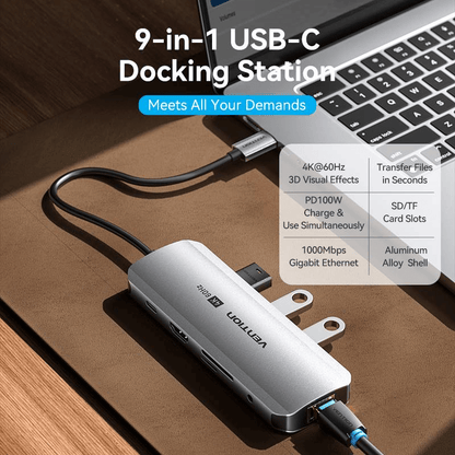 Vention 9-in-1 USB-C Docking Station with Ethernet showing 4K output, Gigabit Ethernet, and multiple ports.