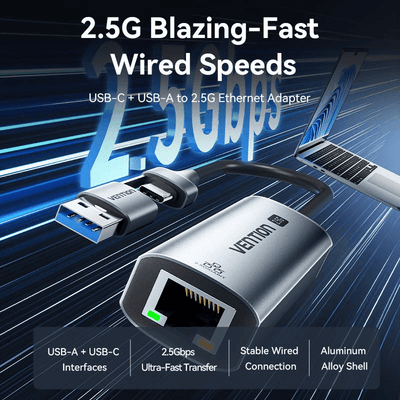 Vention USB-C/USB-A to 2.5G Ethernet Adapter for 2.5Gbps wired speeds, featuring aluminum alloy shell and plug-and-play functionality.
