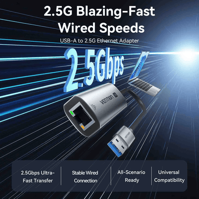 Vention USB-A to 2.5G Ethernet Adapter showing 2.5G blazing-fast speeds and stable wired connection.