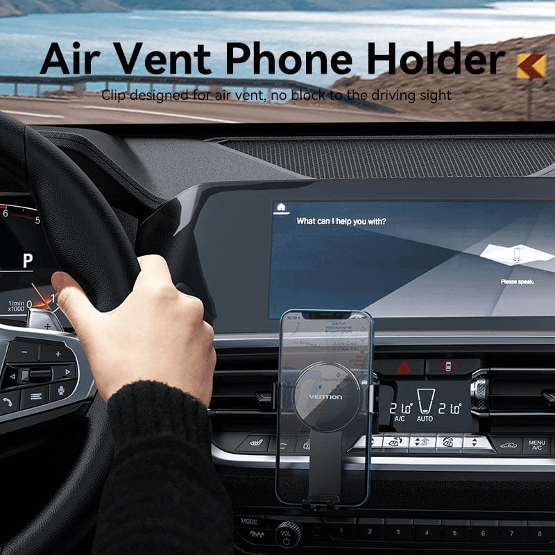Vention Stable Car Phone Mount attached to car air vent, ensuring safety and convenience while driving.
