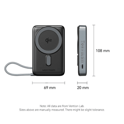 Vention Qi2 10000mAh Power Bank 35W dimensions illustration with Qi2 certification details.