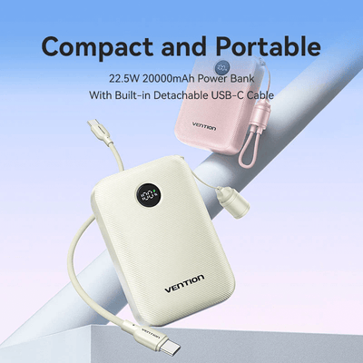 Vention Compact 20000mAh Power Bank 22.5W with built-in USB-C cable, perfect for travel and corporate gifts.