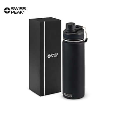 Swiss Peak Vacuum Bottle next to its packaging, perfect as a Corporate Gift Singapore.