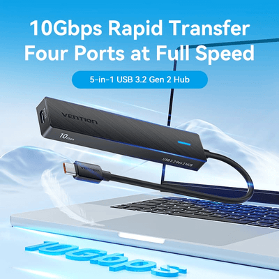 Vention 5-in-1 USB 3.2 Gen 2 Rapid Transfer Hub with 10Gbps speed and four ports for quick data transfer.