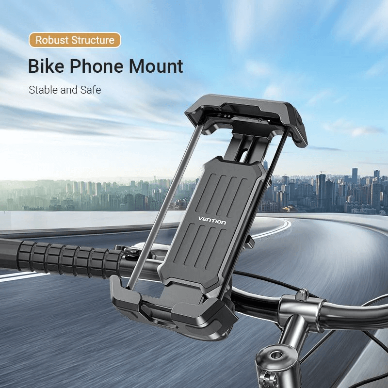 Vention 360° Bike Phone Mount secured on bicycle handlebar, showcasing robust structure and stability.
