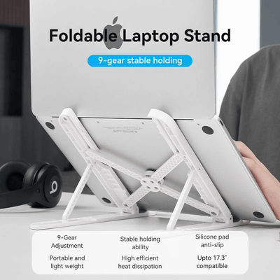 Vention Laptop Stand White shown in use, featuring adjustable height for comfort and convenience while working.