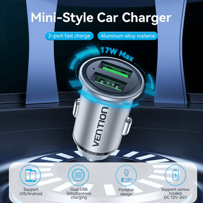 Vention Car Charger 18W with dual USB ports, aluminum alloy design, and fast charging capability for corporate gifts.