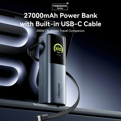 Vention 27000mAh Power Bank 200W with built-in USB-C cable and digital display, ideal for business travel.