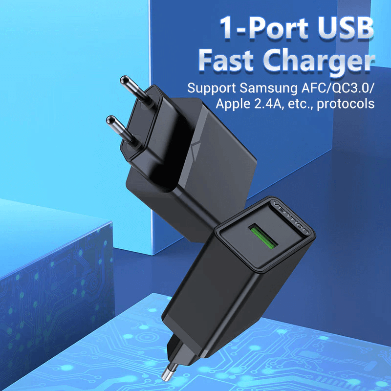 Vention 18W Single Port USB Wall Charger with quick charge capability and broad compatibility for devices.