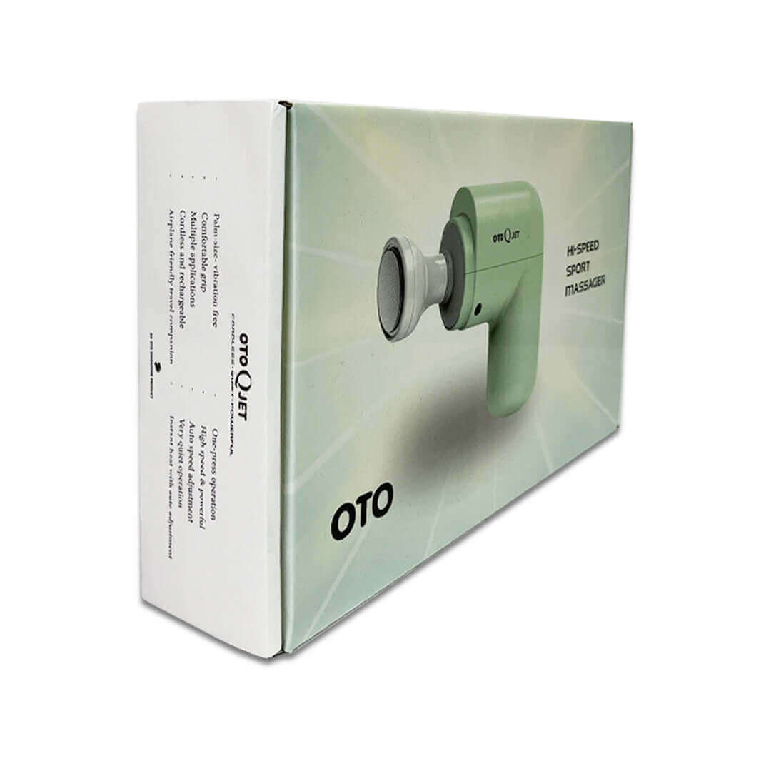 OTO Q-Jet Handheld Massager packaging showcasing its design for muscle recovery and portability in a Corporate Gift Store.