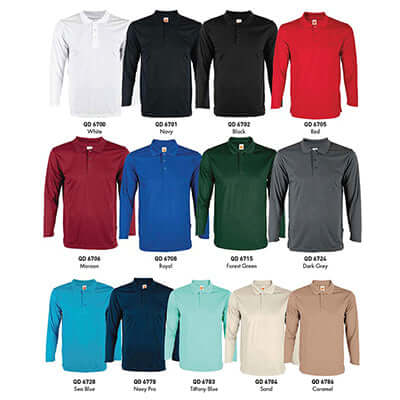 Quick Dry Long Sleeve Basic Polo Shirt collection in various colors including white, navy, black, red, green, and more.