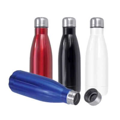 Stainless steel Sport Bottle 500ml in various colors including red, black, white, and blue, ideal for corporate gift.