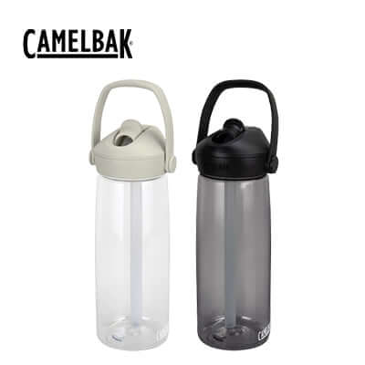 Camelbak Thrive Flip Straw Bottle 750ml in clear and black colors with a flip straw for convenient hydration.