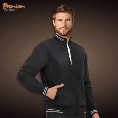 Model wearing UNO Boss Jacket, versatile mock neck zip-up, perfect for corporate gifts and branding.