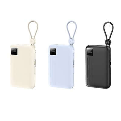 Remax FC-13 Dual Cable Powerbank with Lanyard 10000mAh in three colors: white, blue, and black.
