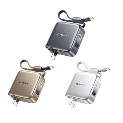 Remax FP-90 Mini Powerbank with Wall Charger 10000mAh in gold, silver, and gray.