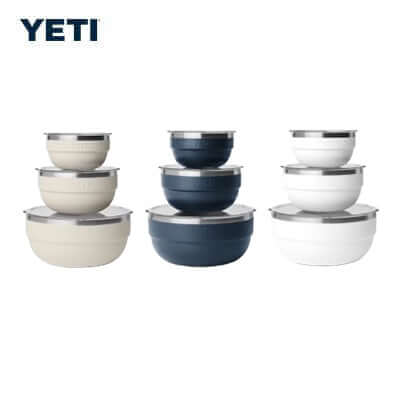 Yeti Rambler® Insulated Bowl Set stacked in three sizes, perfect for outdoor adventures and corporate gifts.