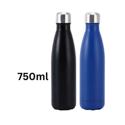 750ml Stainless Steel Vaccum Bottle in black and blue, perfect for hydration and corporate gifts.